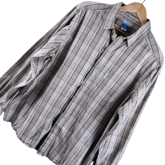 Columbia Men's Long Sleeve Button-Up Shirt Size Large Beige Brown & White Plaid - Picture 1 of 15